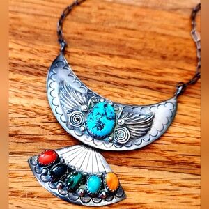 WOW! VINTAGE UNSIGNED NAVAJO RICHARD BEGAY Sterling Silver Multi-Stone Necklace